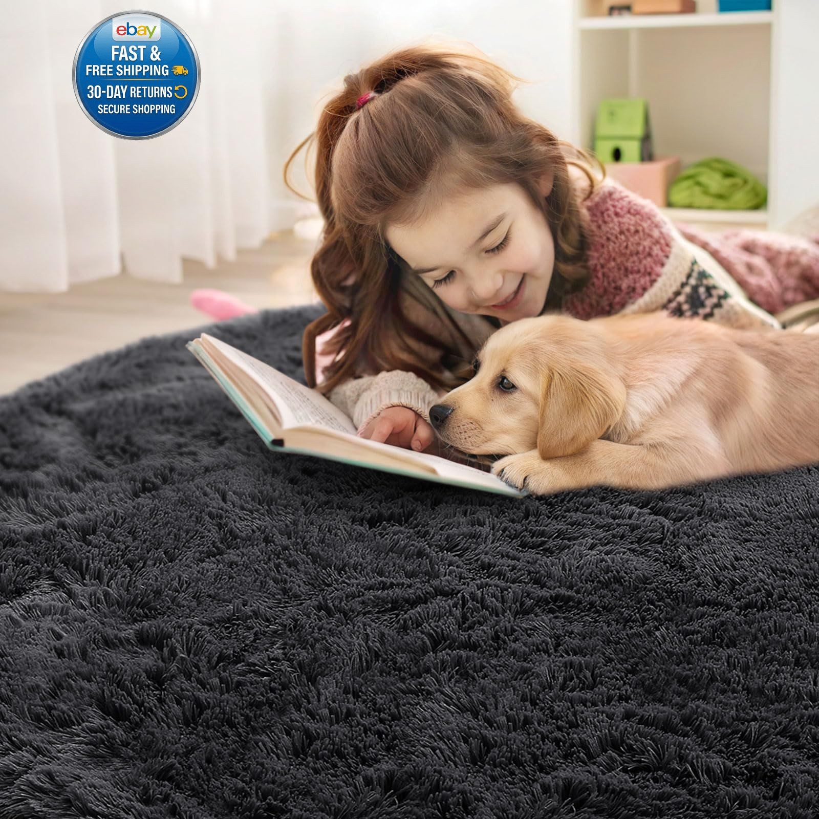 Black Round Rugs for Bedroom – Machine Washable, 4 4 Ft Round,