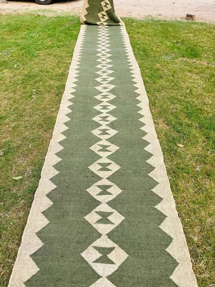 Hand Woven Jute Wool Kilim Carpet Reversible Ikat Home Decor Runner Large Rugs