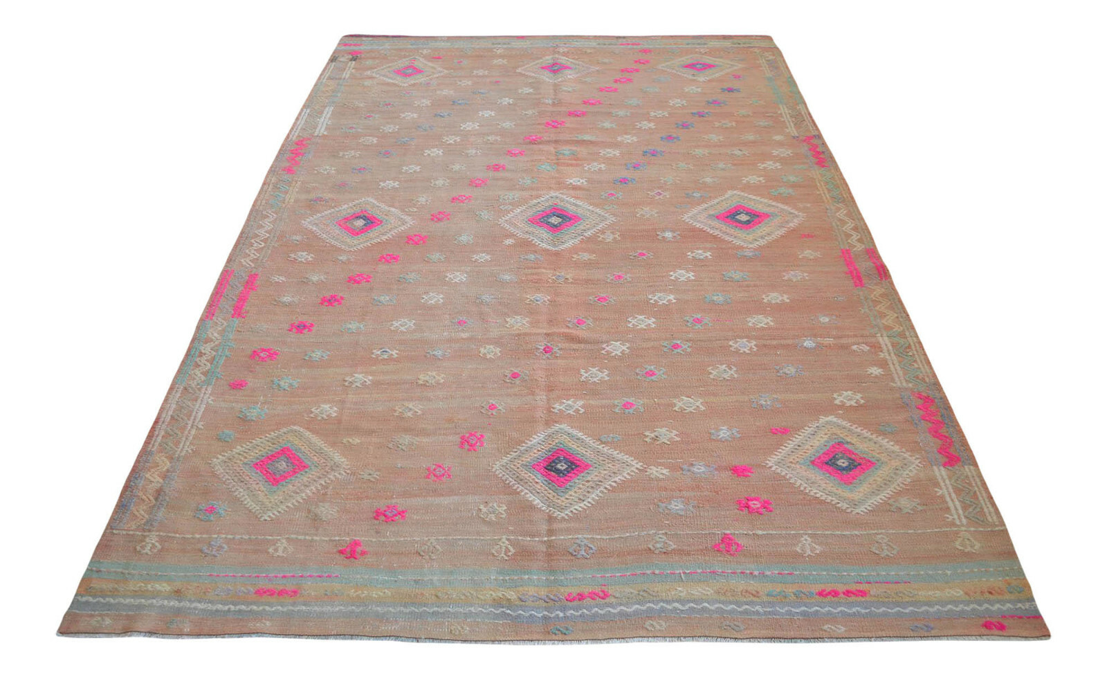 6×9 Rug Turkish Hand Made Kilim Antique Muted Color Pink Rug actual: 59″ x 98″