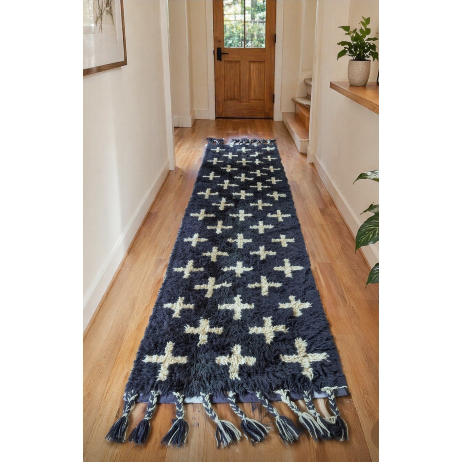 100% Wool Shag Runner Rug 31×110 Brown Cream Cross Boho Tassels