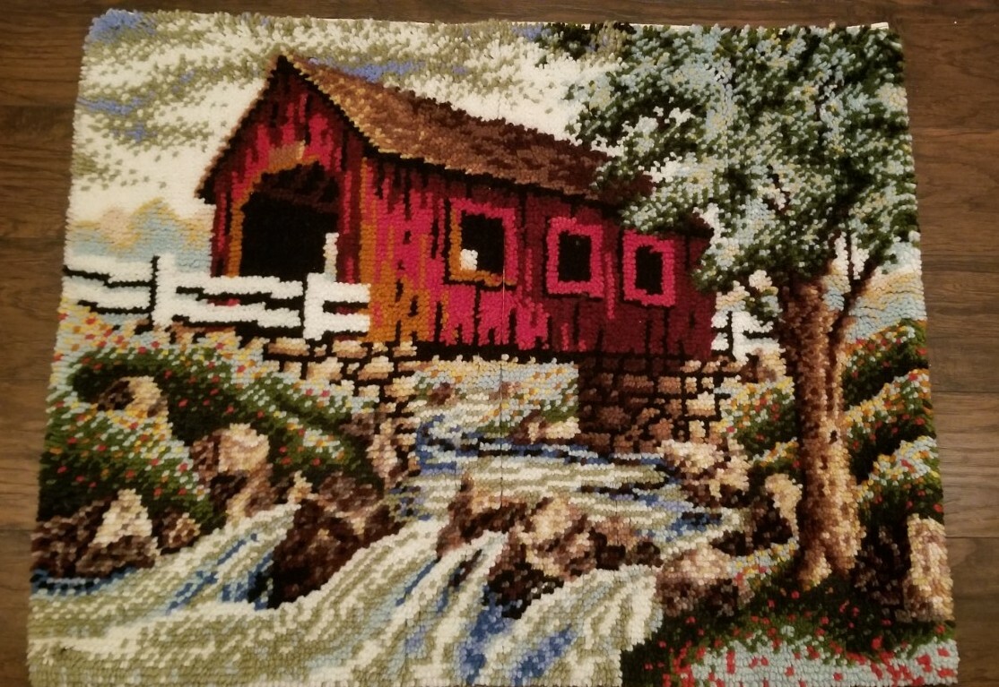 Covered Bridge country Vintage Complete Latch Hook Rug Wall Hanging 36” X 45”