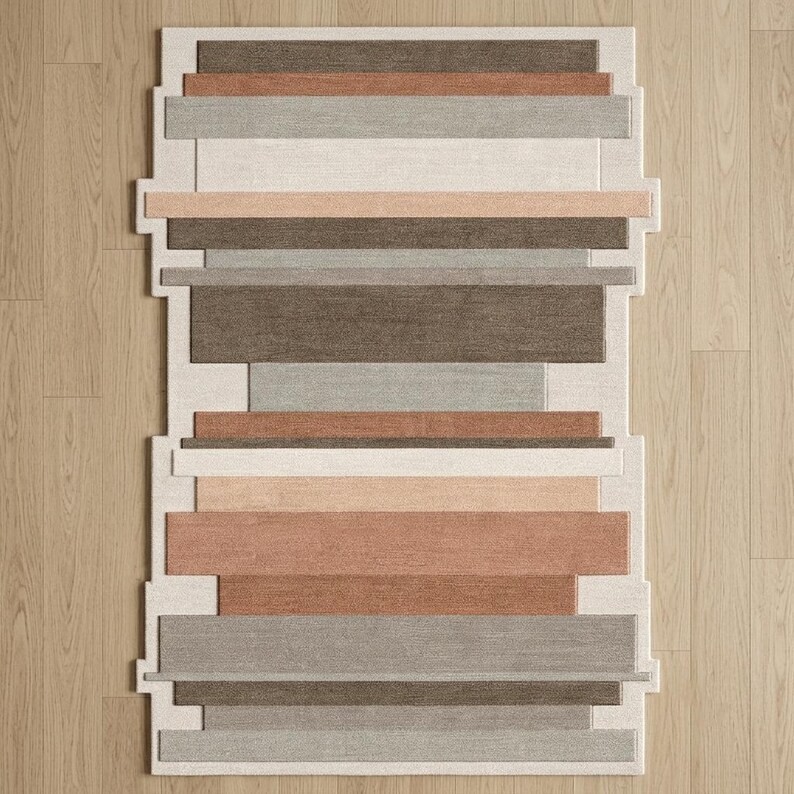 Hand Tufted Modern Geometric Wool Area Rug Beige Brown Abstract Designer Carpet