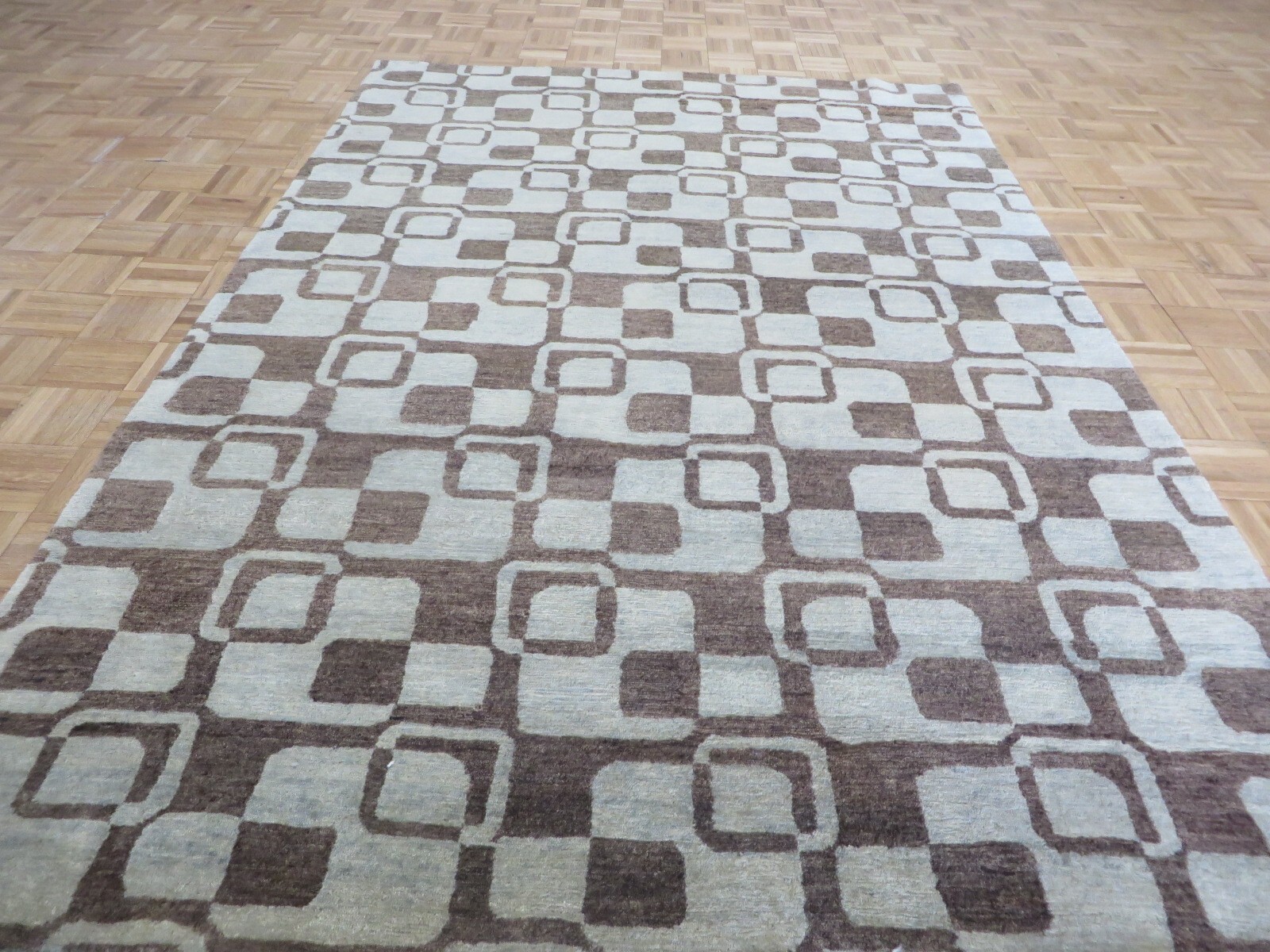6 x 9 Hand Knotted Brown & Sky Blue Geometric Oriental Rug G13730