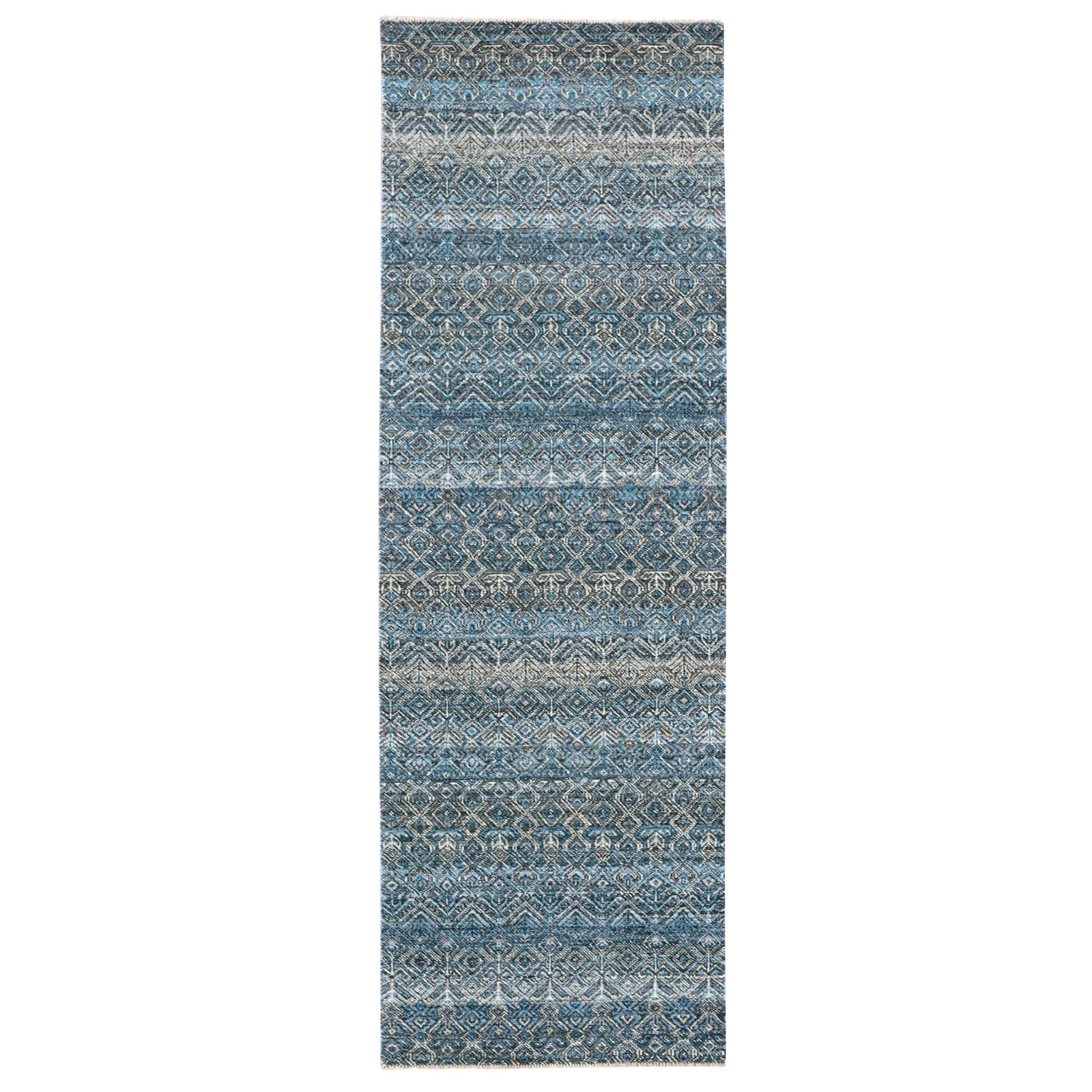 2’8″ x 8’1″ Blue Hand Knotted Kohinoor Repetitive Diamond Wool Runner Rug R76014
