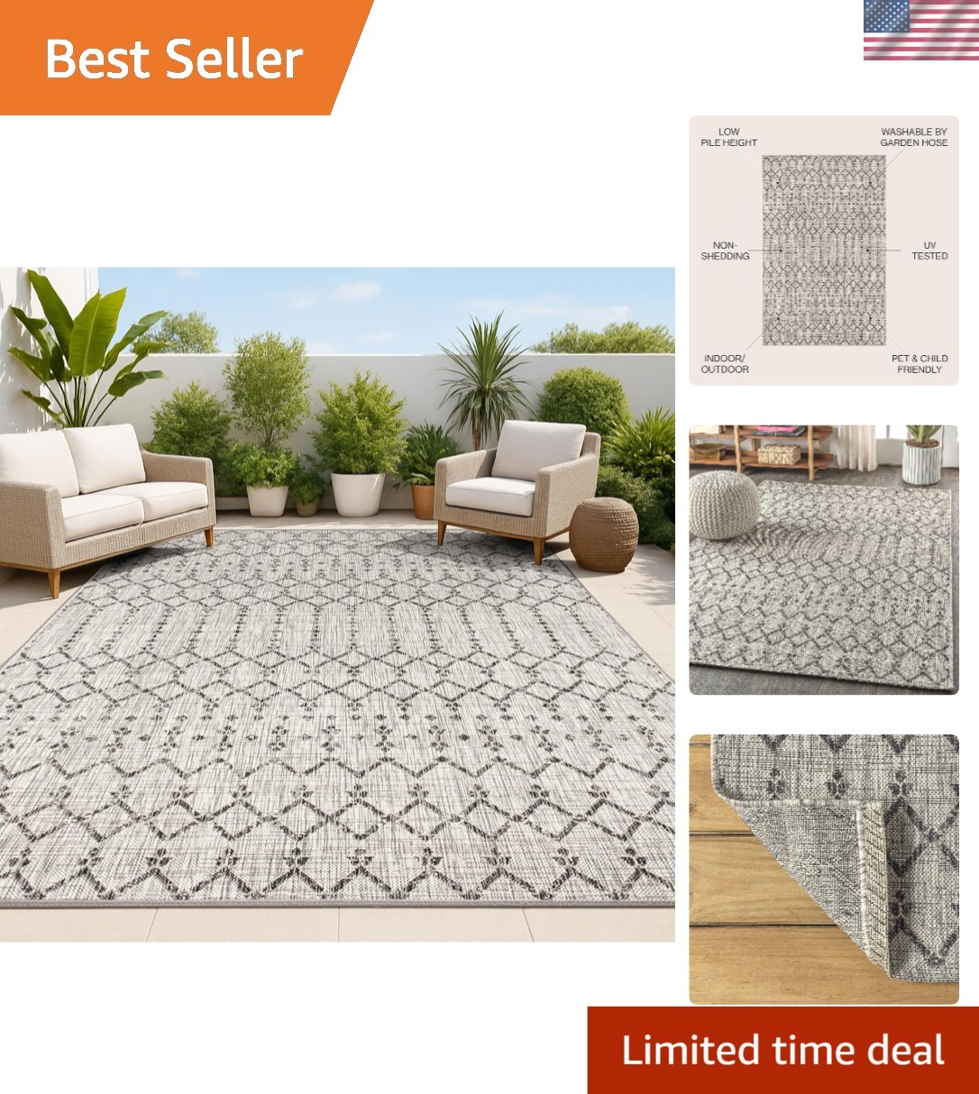 Textured Ourika Moroccan Indoor/Outdoor Rug 3’1″ x 5′ for High Traffic Areas
