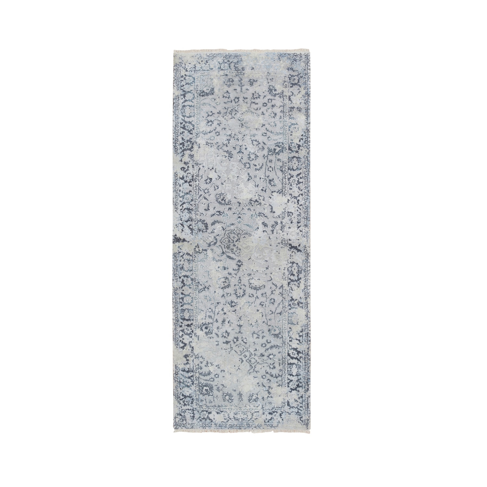 2’9″ x 7’8″ Gray Silk/Wool Hand Knotted Broken Kishoon Design Runner Rug R64829