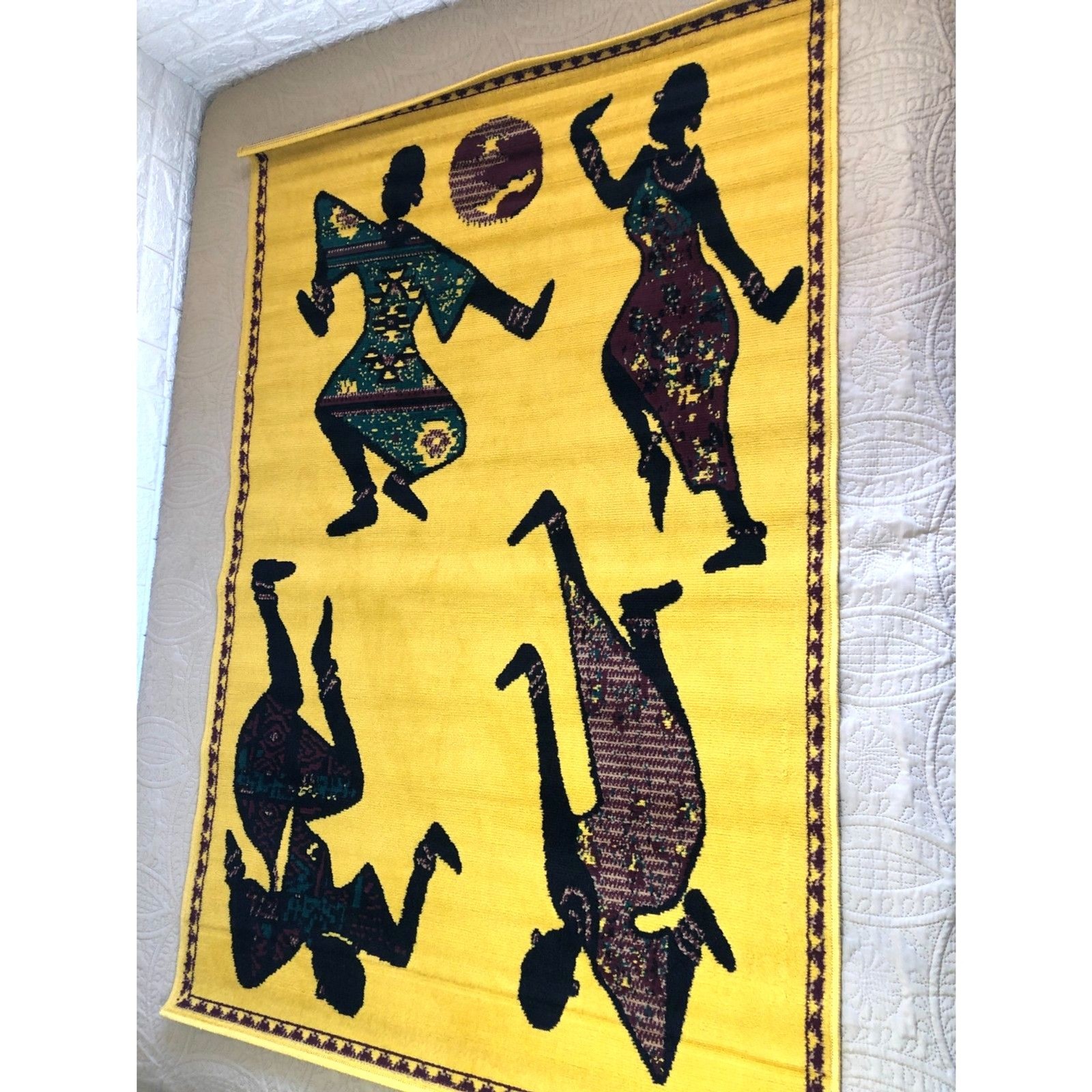 Vintage African Dancers Tapestry Rug 44×66 NWOT Yellow Woven Wall Hanging Boho