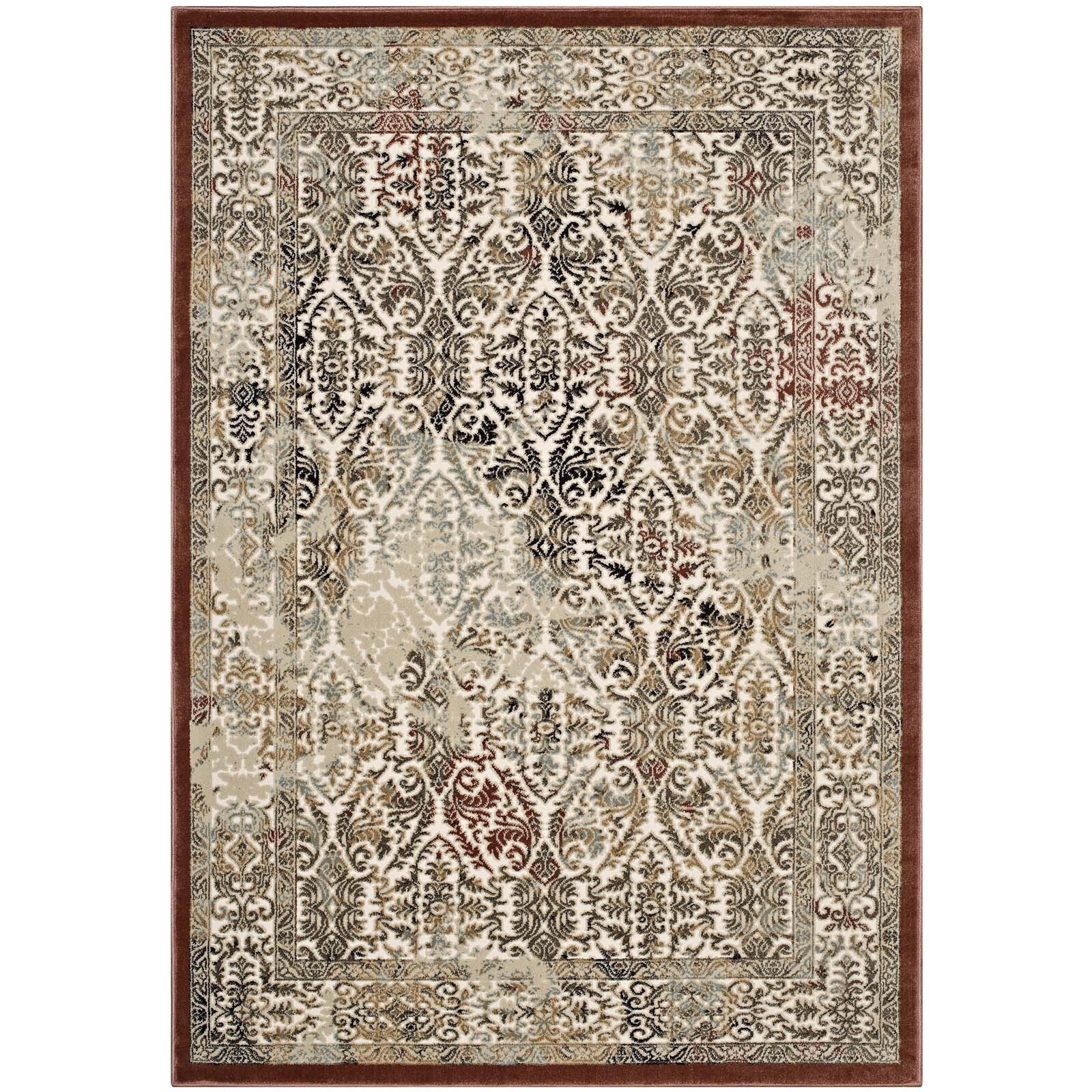 Ornate Turkish Distressed Vintage Floral Tan and Walnut Brown 8×10 Area Rug