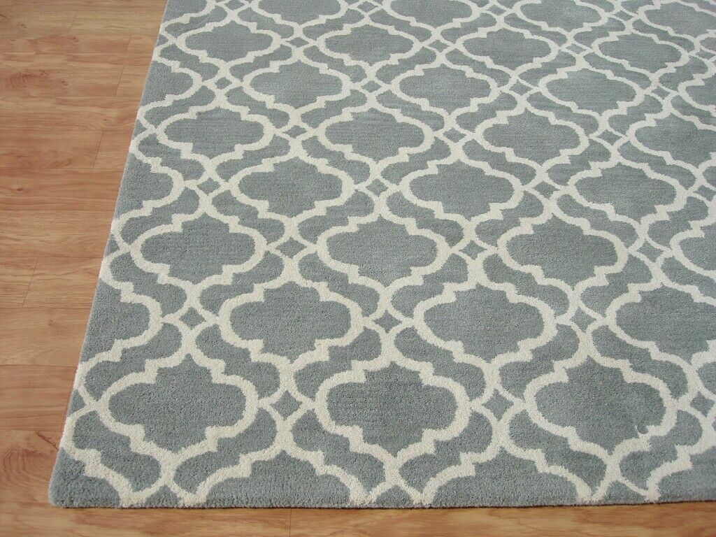 Ryana Scroll Tile Porcelain Blue Modern Hand-Tufted 100% Wool Area Rug Carpet