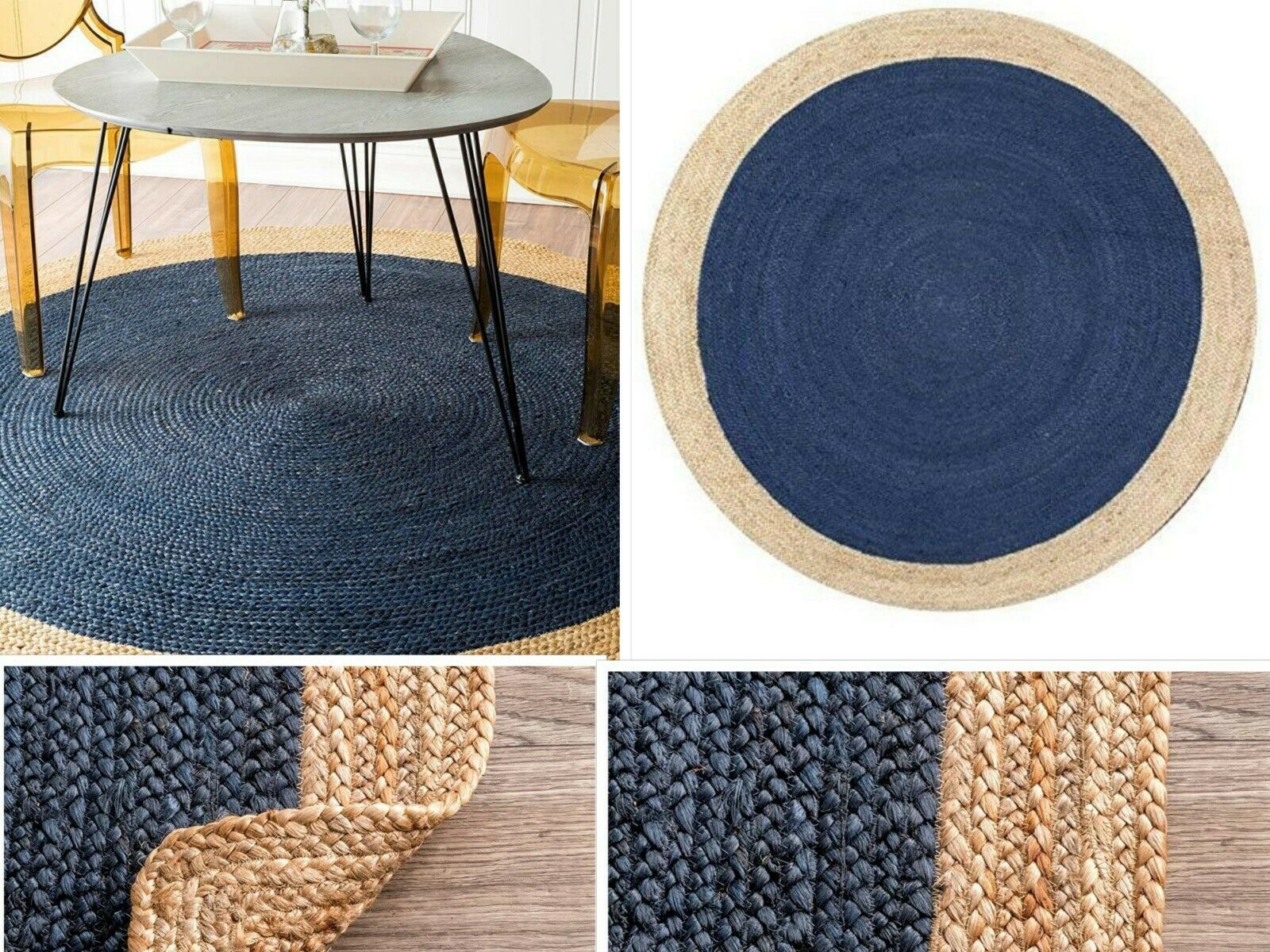 Rug Jute Blue Round 100% Farmhouse Natural Jute Hand Braided Modern Rustic Look