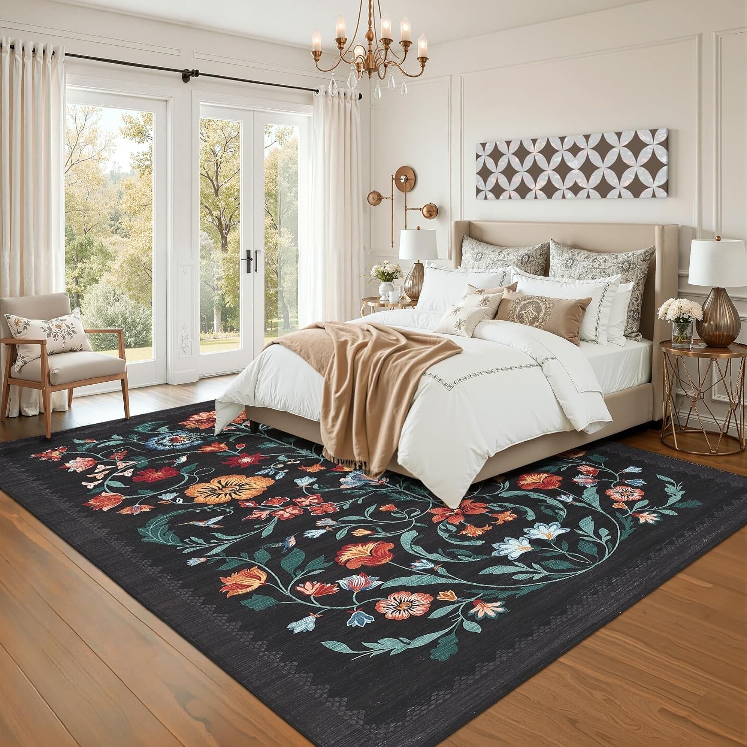 Boho Floral 8×10 Area Rug – Child & Pet-Friendly, Low Pile Washable Rug