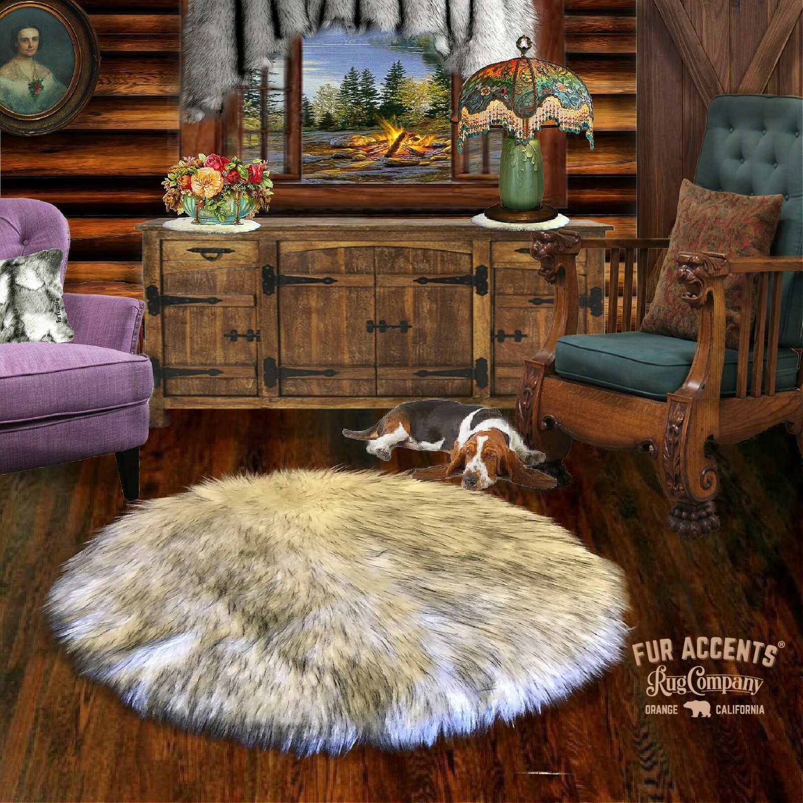 Russian Wolf Faux Fur Round Area Rug White with Black Tips Shag