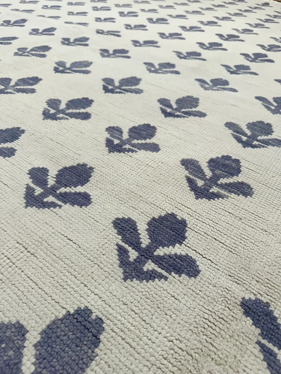 French Blue Hand Knotted Wool Rug Floral Area Rug Handmade Custom Size Carpet
