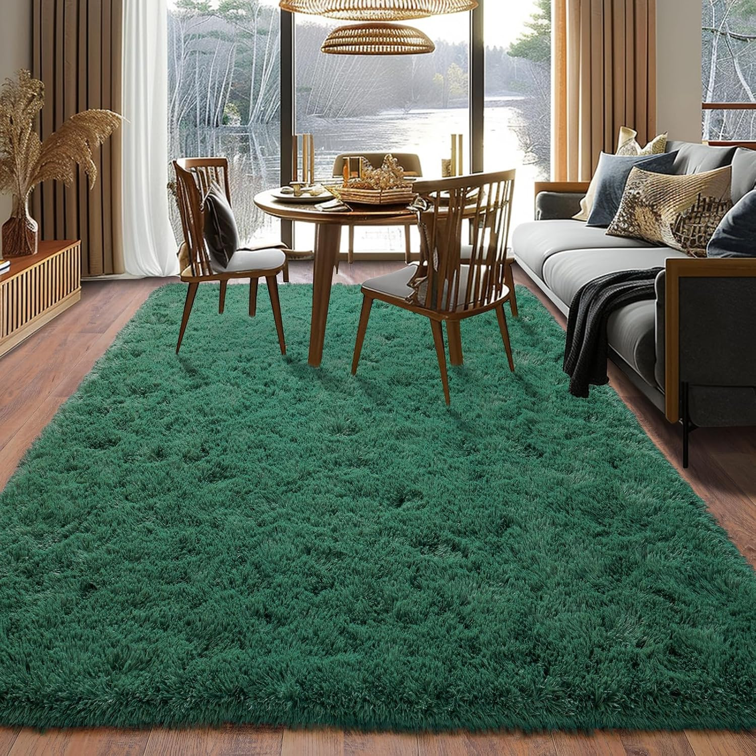 Dssimo Super Soft Area Rugs for Living Room, 4X6 Feet Modern Shag Dark Green Rug