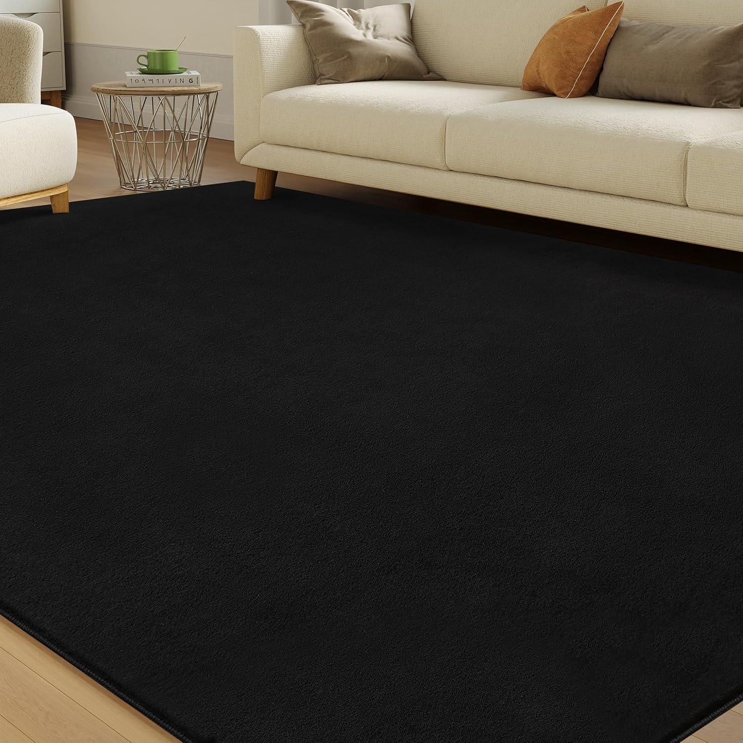 6X9 Black Faux Cashmere Area Rug – Machine Washable, Non-Slip, Modern Style