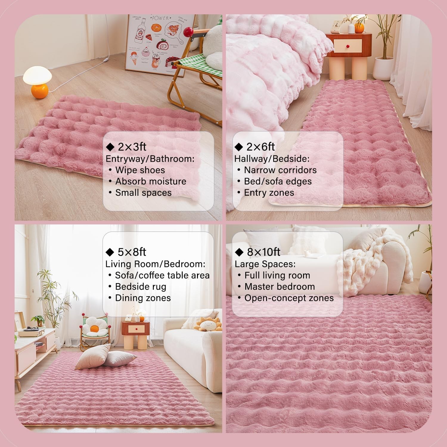 6’x9′ Pink Rabbit Plush Area Rug – Large Faux Fur Shaggy Carpet