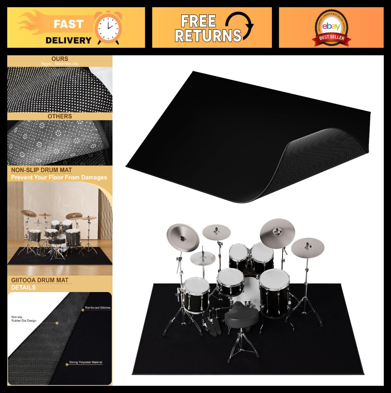 Non-Slip Drum Rug 4x6ft, Tightly Woven Soundproof Mat, Electric Carpet, Gifts