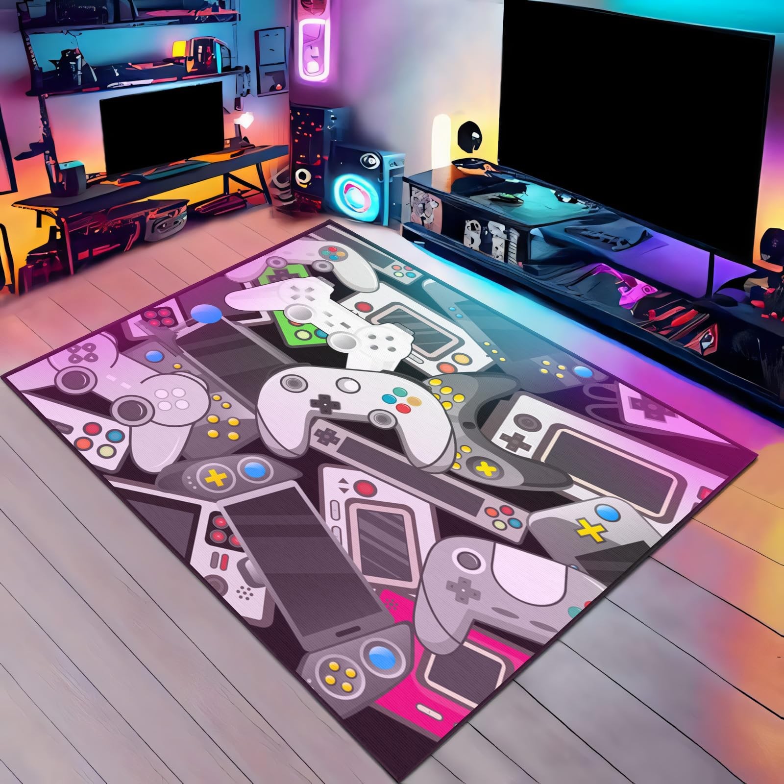 Gamer Area Rug Grey Colorful Video Game Room Carpet Non Slip 4x6ft