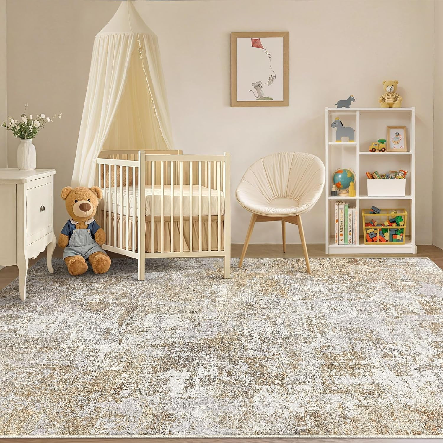 Washable 9X12 Area Rug for Living Room: Modern Abstract Neutral Large Soft Thin