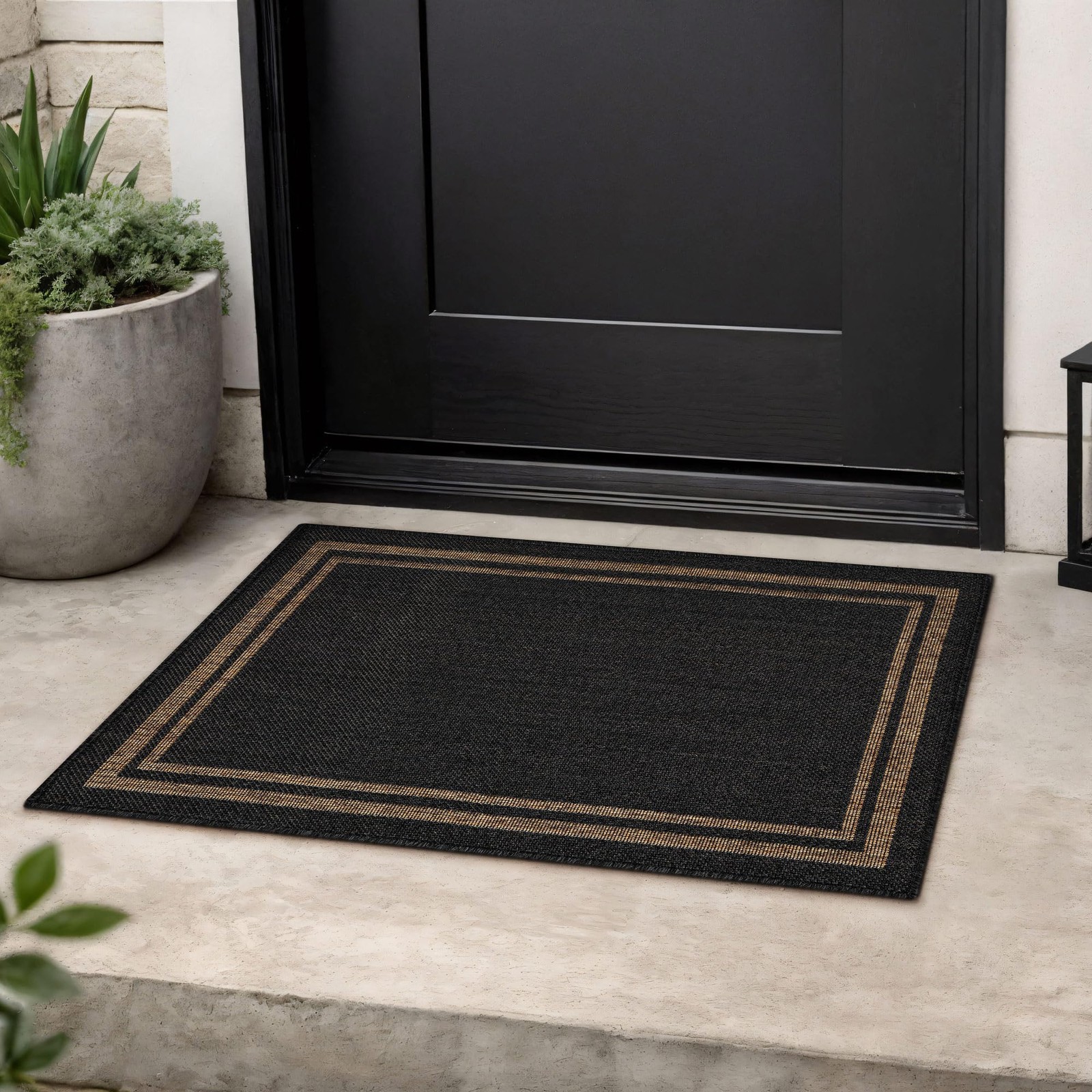 Modern Border Area Rug for Patio, Porch Easy-Care Dark Gray 2′ x 3′