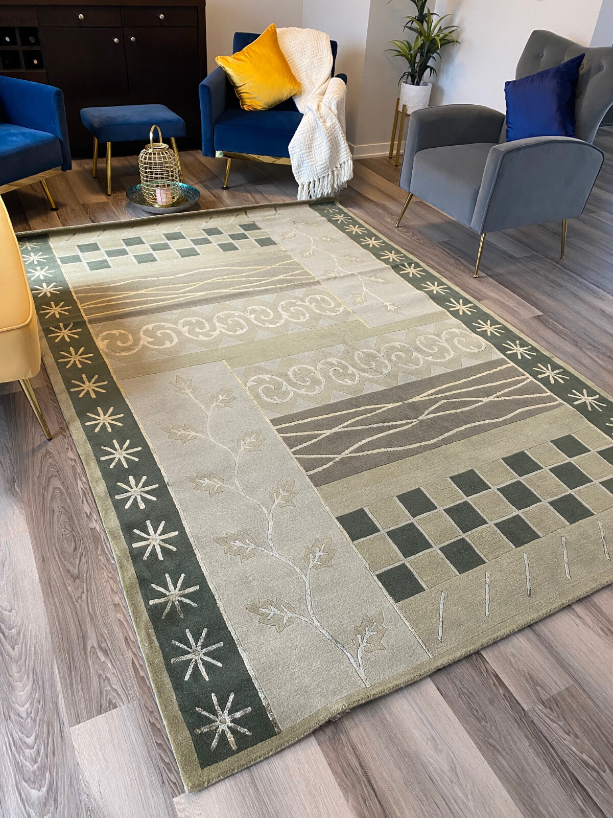 1136 Gorgeous Green Color Wool & Silk Tibetan Area Rug 6′ X 9′ Handmade In Nepal