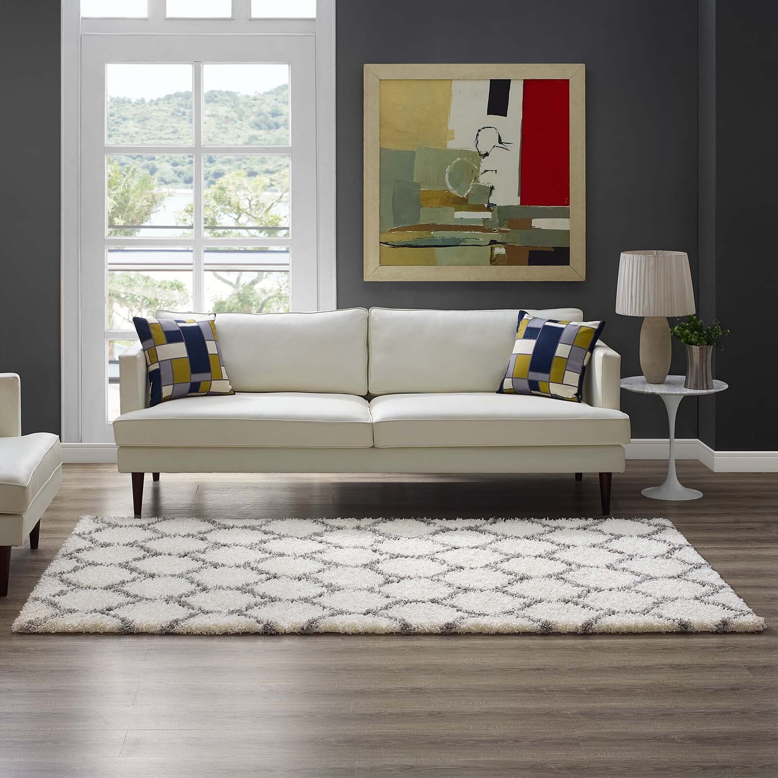 Modway Moroccan Trellis Lattice Design Shag Pile 5×8 Area Rug in Ivory and Gray