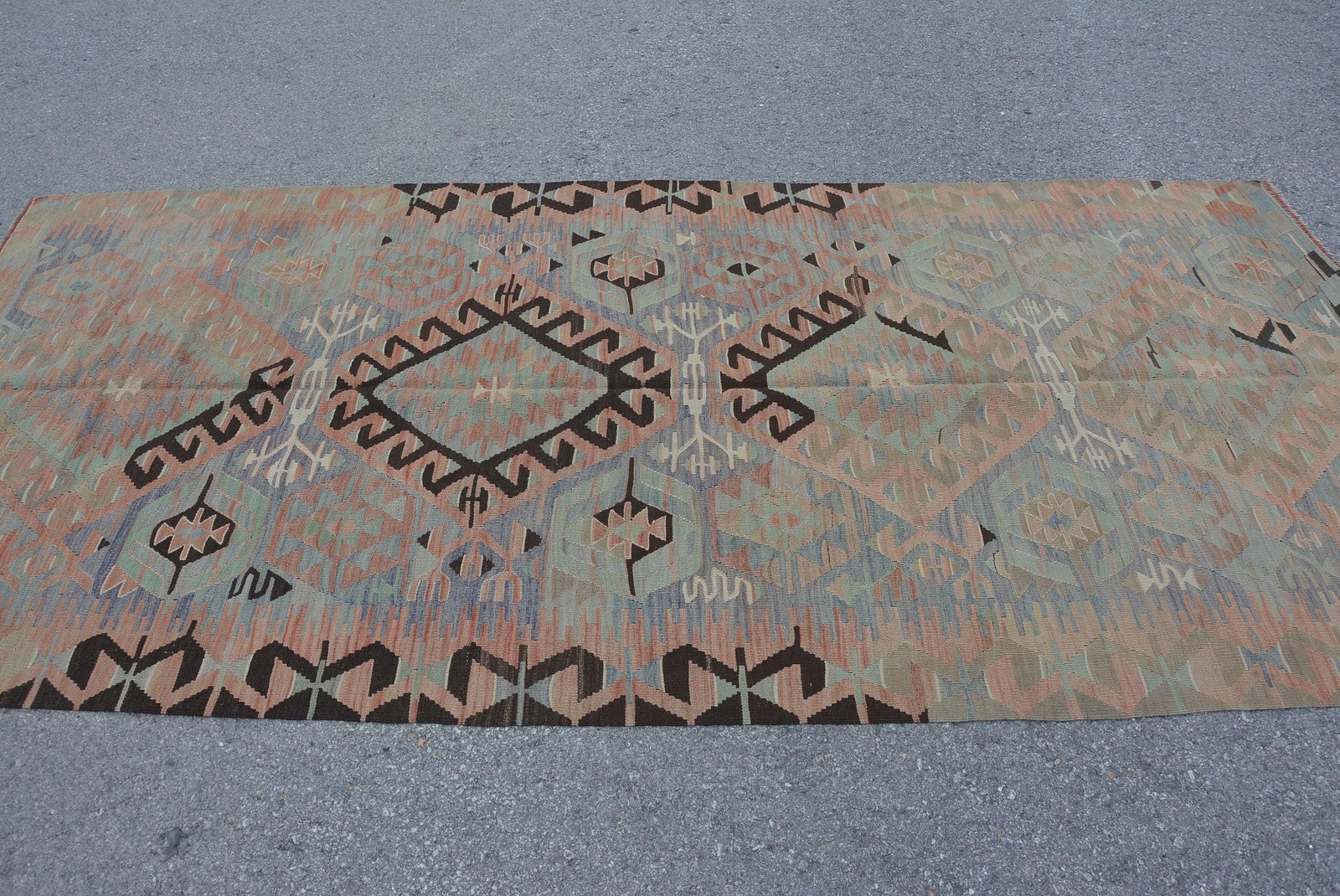Vintage Turkish Rug 4,4×9,5 ft (134×290 cm), Kilim Green Brown Oriental Rug