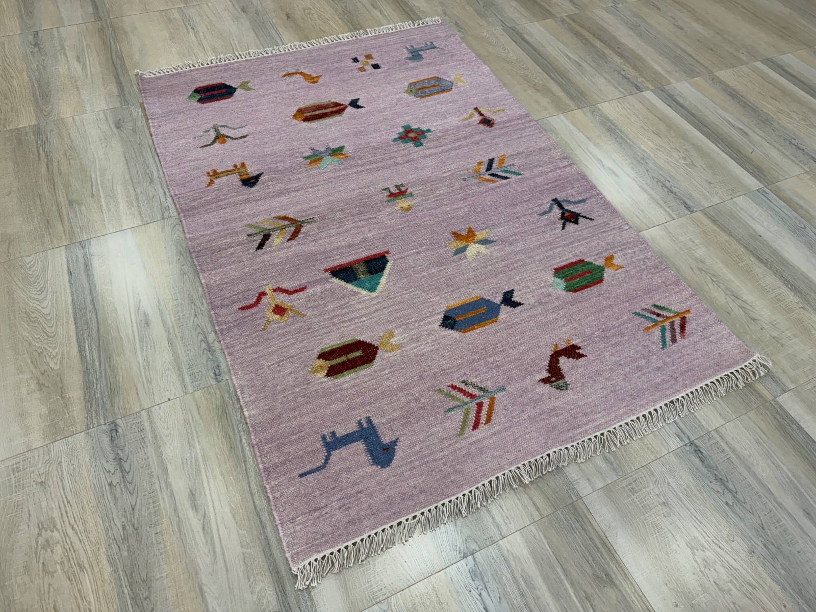 Tribal Handwoven Wool Rug 4×6 Lavender Flatweave Scandinavian Folk Art Kilim Rug