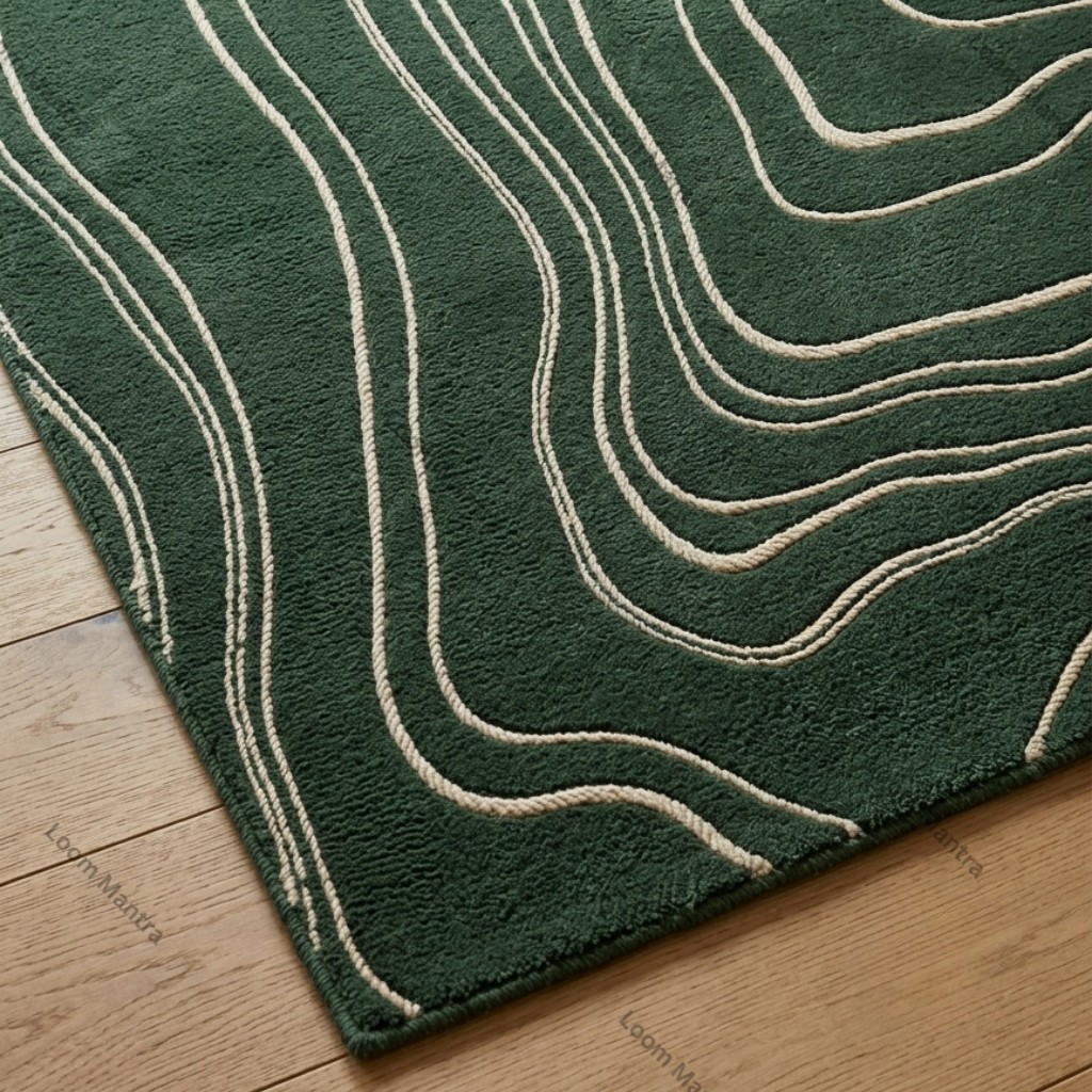 Hand Tufted Wool Rug, 8×10 Emerald Green Abstract Rug, Topographic Line Rug