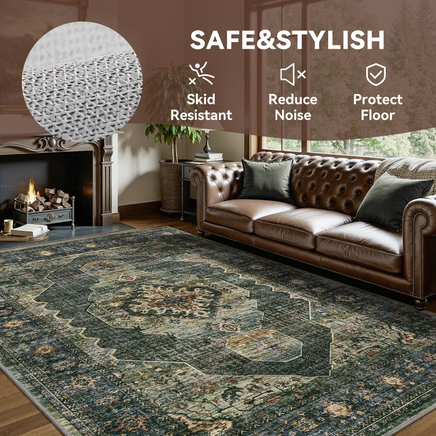 Olive Green Area Rug 6X9 Bedroom Rug Living Room Rugs Washable Soft Vintage Neut