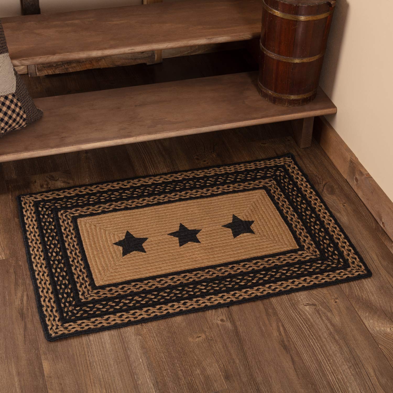 VHC Brands Farmhouse Primitive Jute Black Accent Rug Rectangle Stencil Stars …