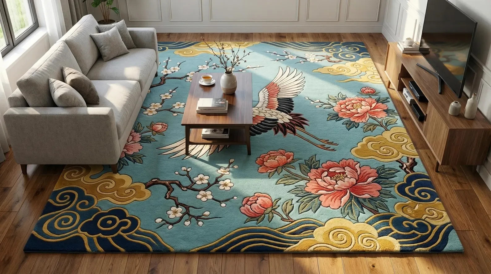 Hand Tufted Wool Floral Statement Carpet for Living Room 8×10 9×12 Custom Availa