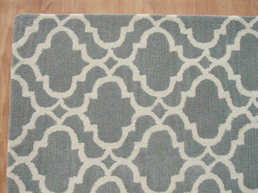Ryana Scroll Tile Porcelain Blue Modern Hand-Tufted 100% Wool Area Rug Carpet