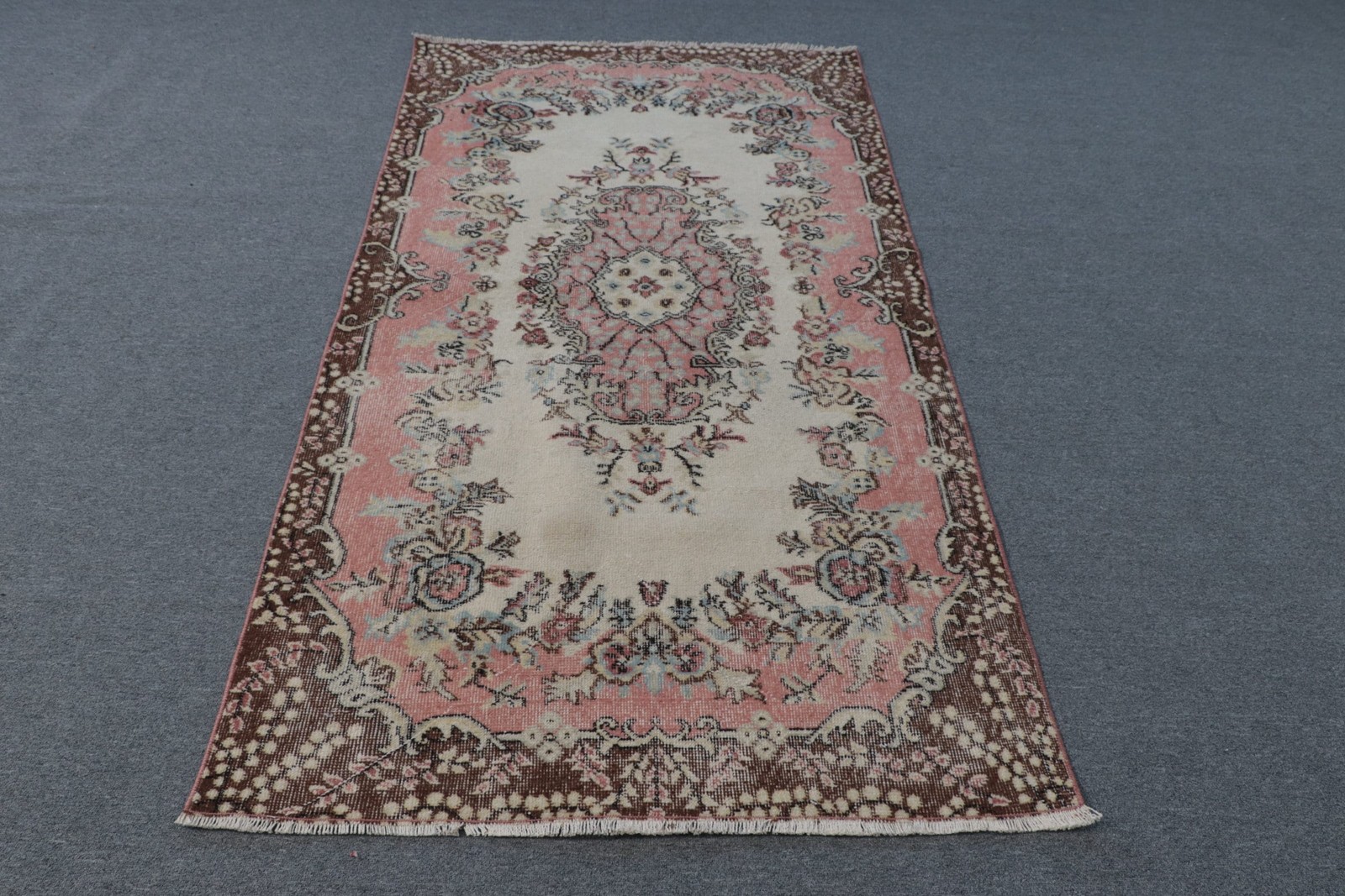 Turkish Vintage Rug, Area 3,7×6,8 ft (113×206 cm) Rug, Pink Wool Rug