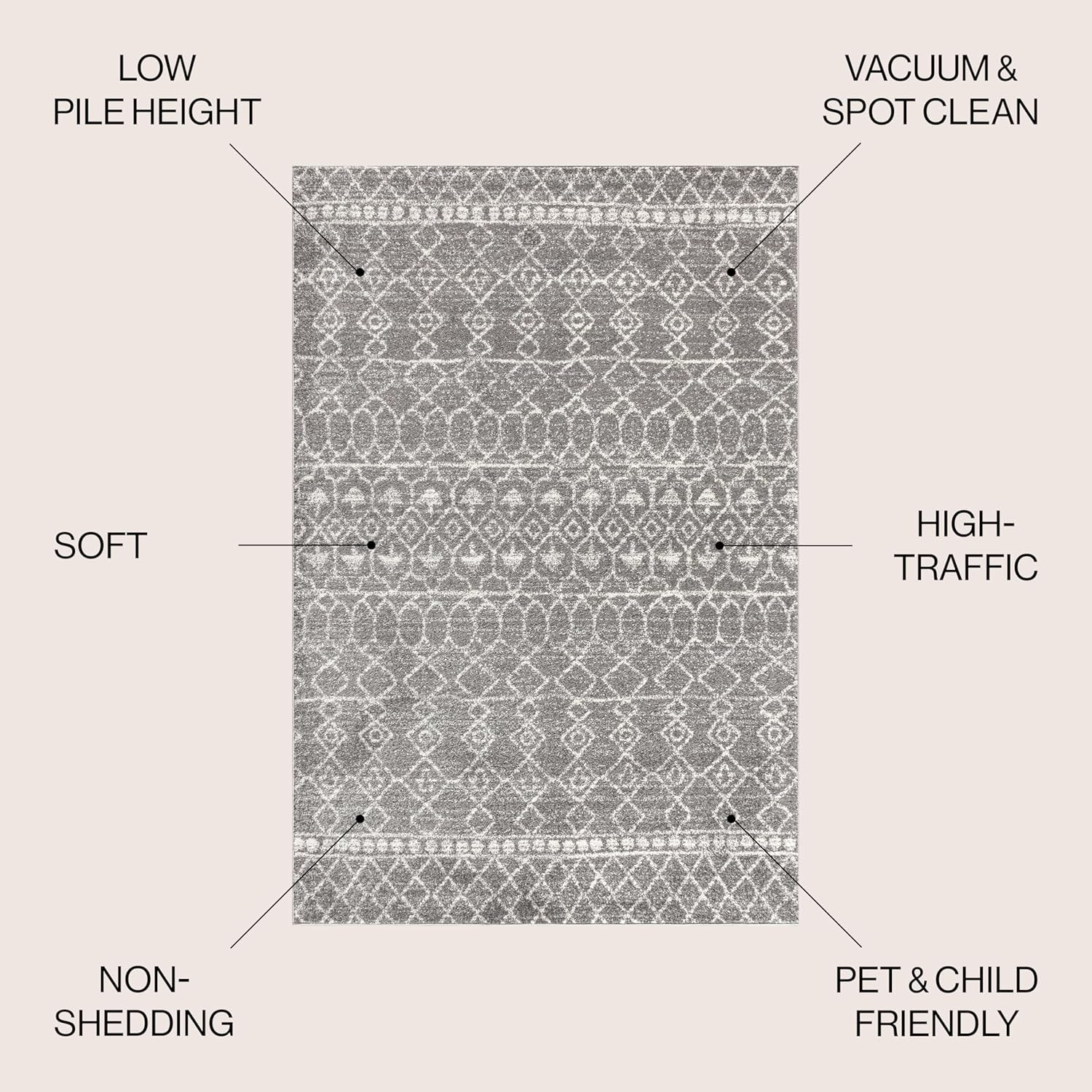 Bohemian Izil Moroccan Beni Souk Gray/Cream 8×10 Area Rug – Pet Friendly