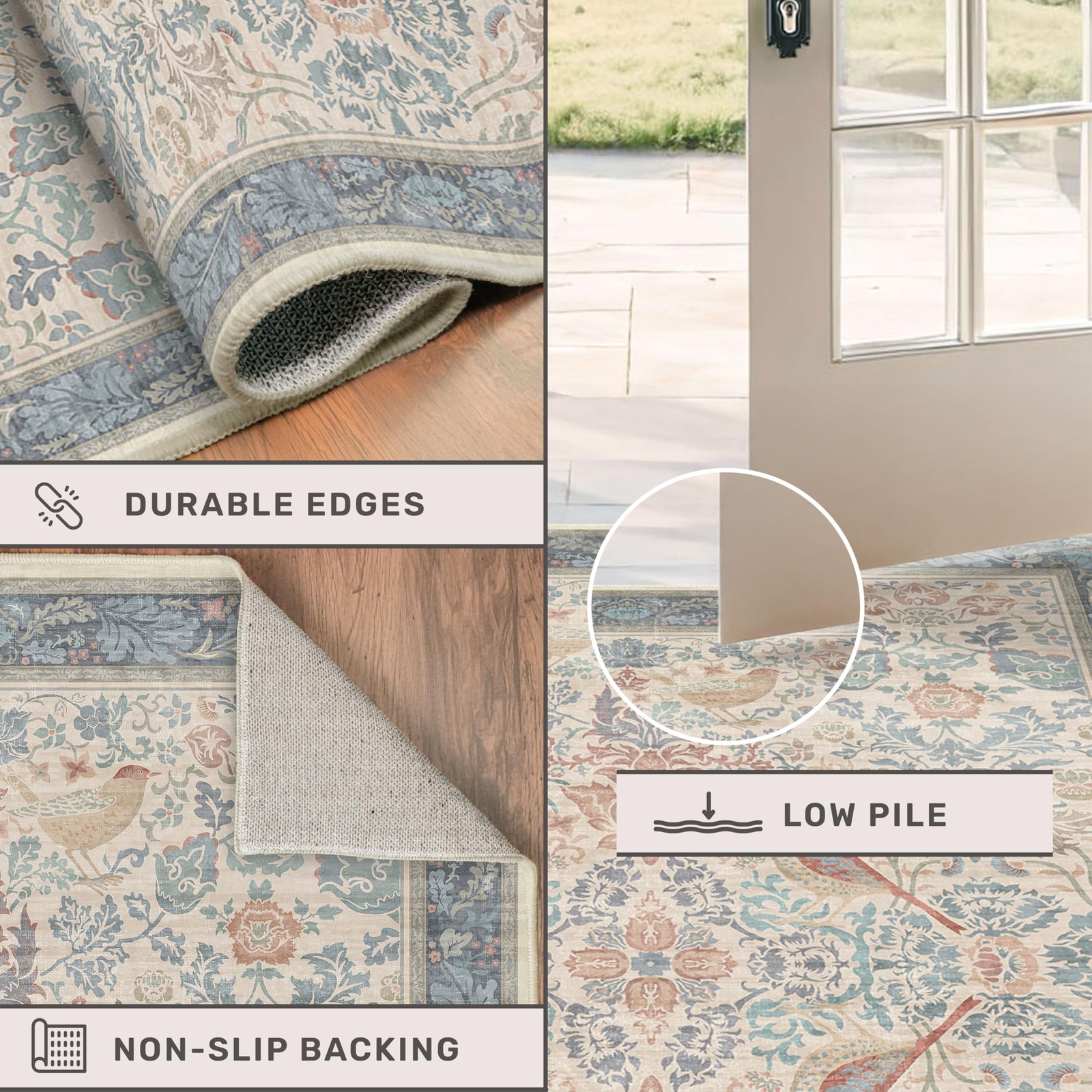 Boho Floral Bird Pattern 4×6 Large Mudroom Rug – Natural Red Blue Washable Re…
