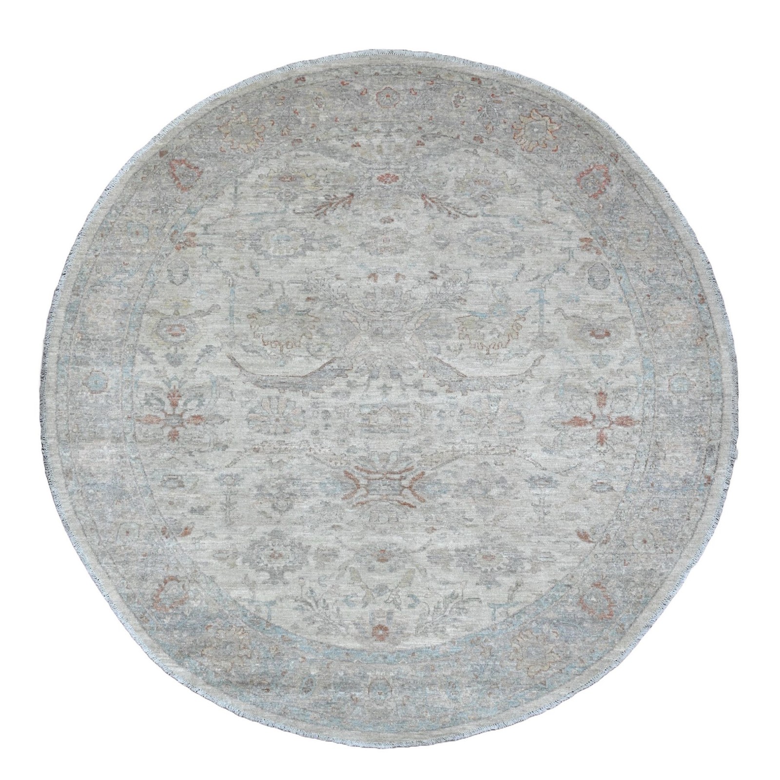 7’9″ x 7’9″ White Heris All Over Design Pure Wool Hand Knotted Round Rug R89796