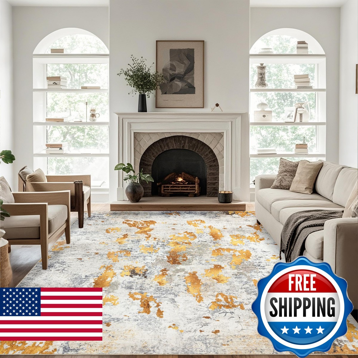 Ruicharm 8×10 Area Rug Washable – Orange Gold Grey