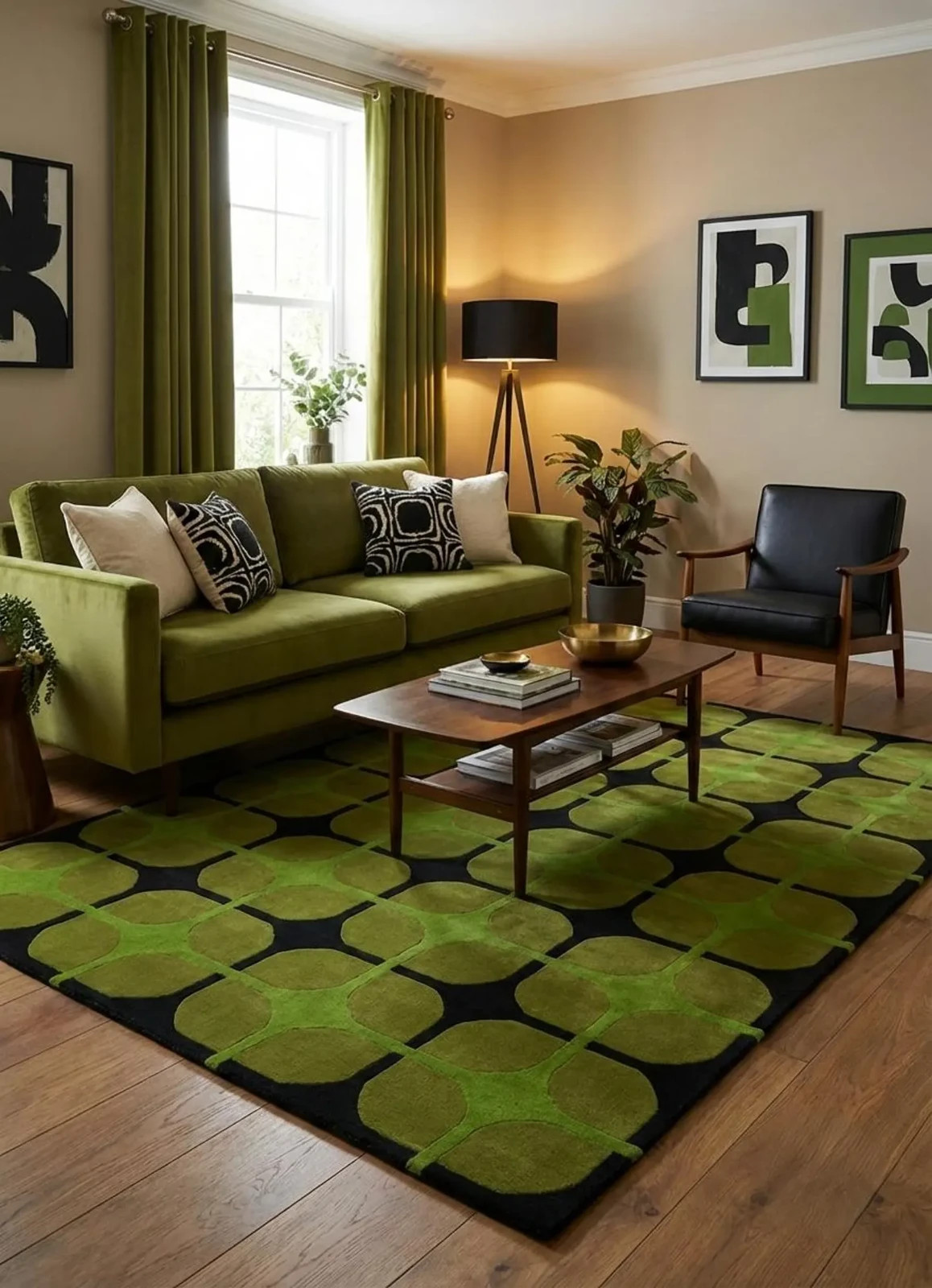 Hand-Tufted Wool Rug, 5×8 Geometric Carpet, Mid-Century Modern Green Black