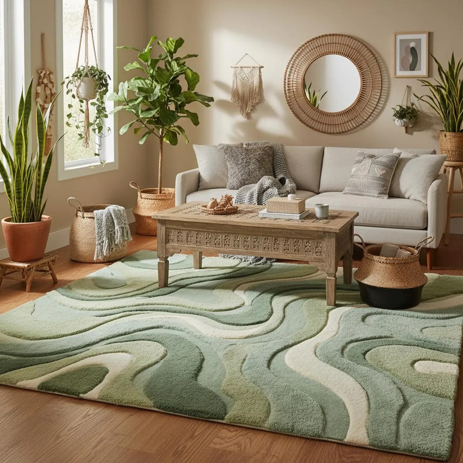 Moss Green Rug, Abstract Wave Hand Tufted Area Rug, Modern Organic Sage Green