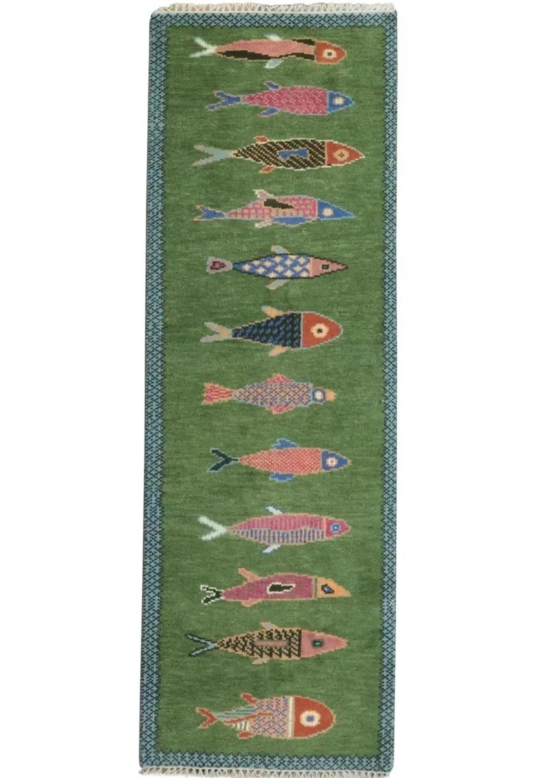 Hand Knotted Wool Fish Runner Rug Green Coastal Nautical Hallway Rug Custom