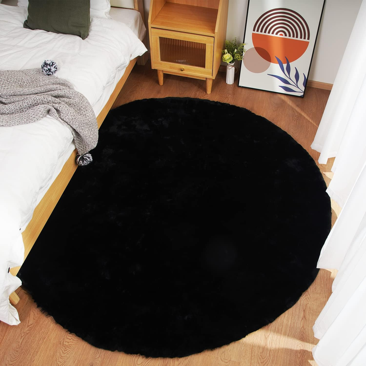 Fluffy Black Faux Rabbit Fur 5Ft Round Rug for Bedroom & Living Room Decor