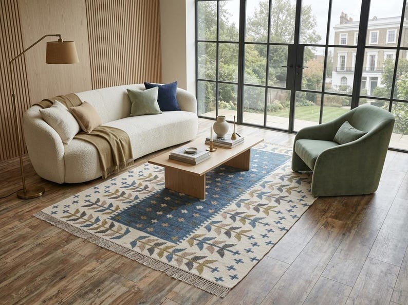 Handmade Wool Area Boho Rug Vintage Kilim Modern Carpet Blue/White Living Room