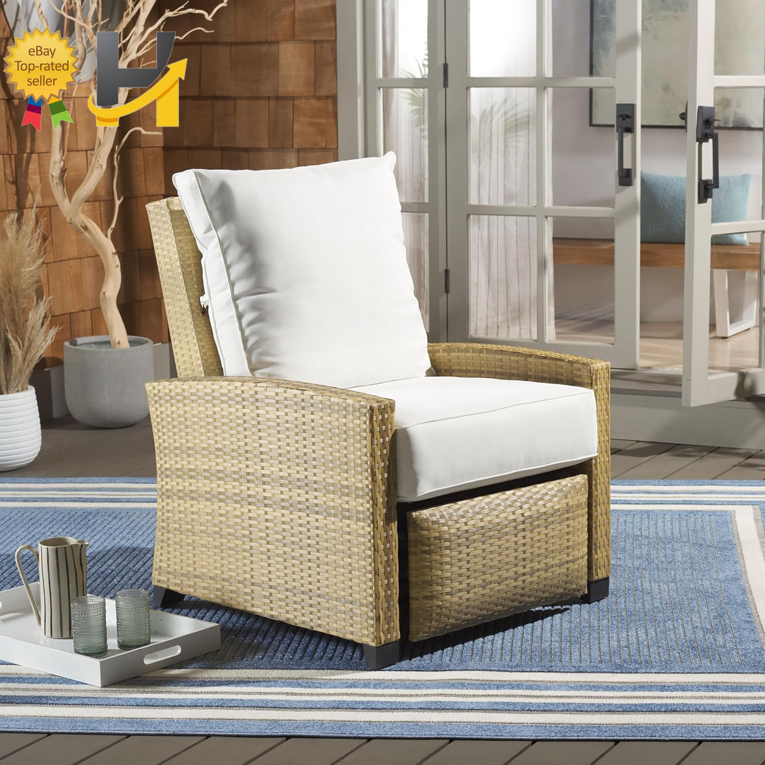 Landon Natural Patio Recliner Chair Adjustable Back Footrest & Removable Cushion