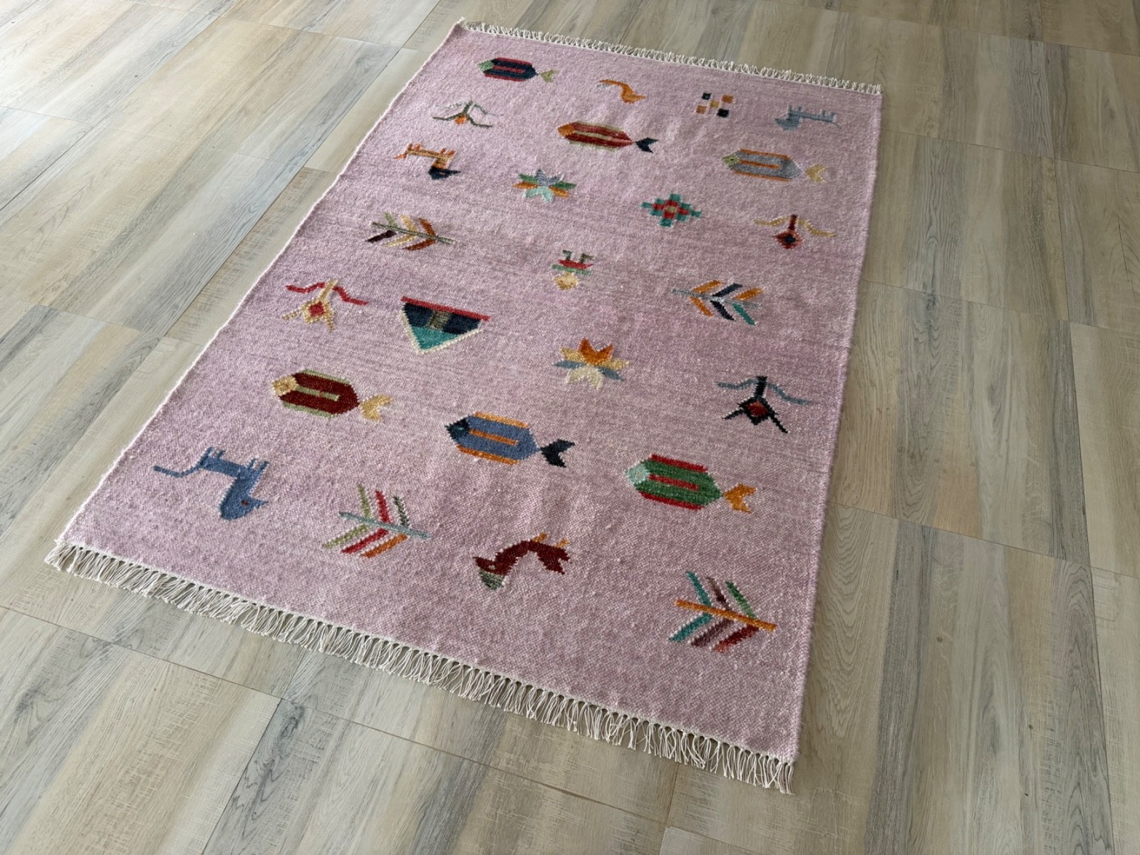 Tribal Handwoven Wool Rug 4×6 Lavender Flatweave Scandinavian Folk Art Kilim Rug