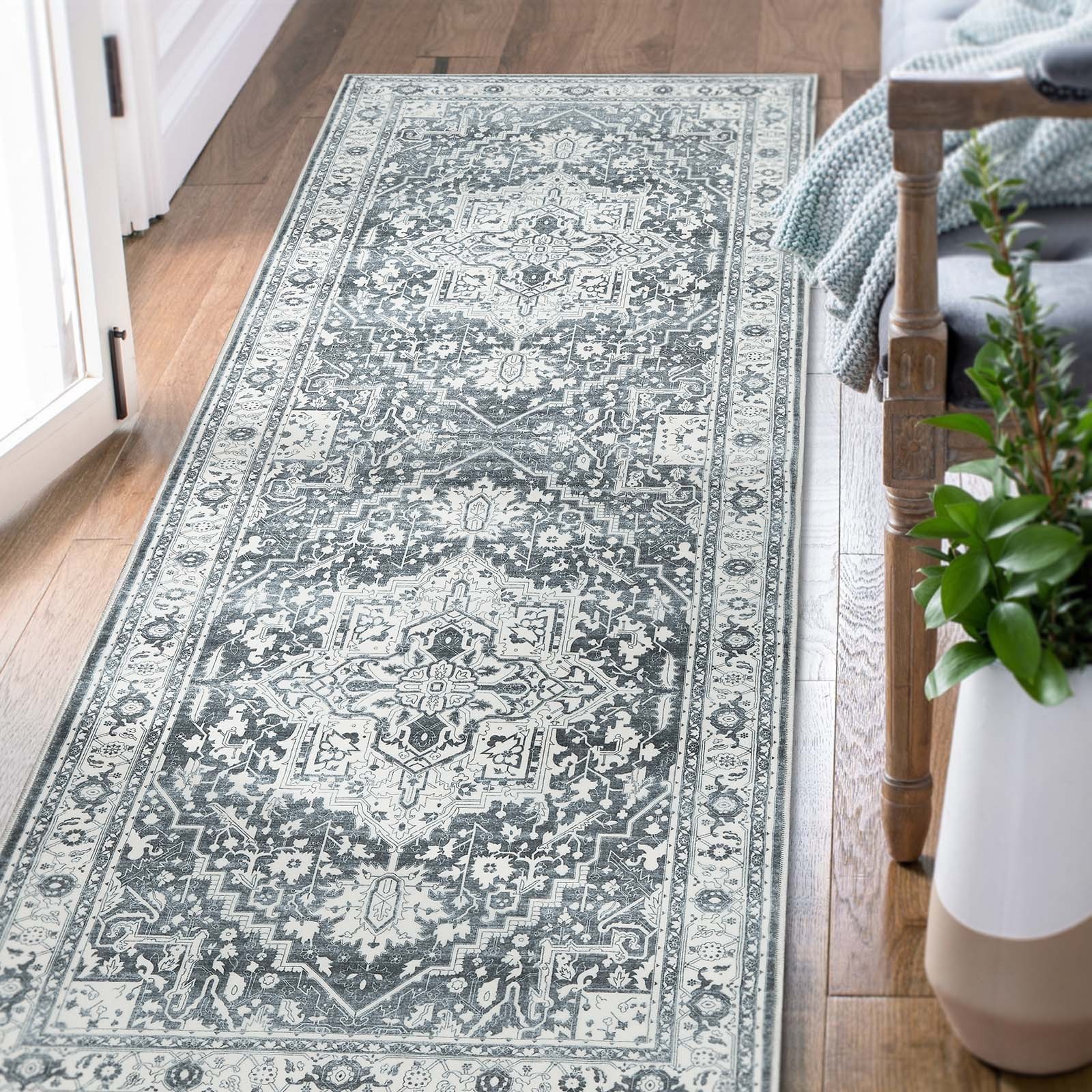 2×6 Vintage Floral Area Runner Rug Washable Non-Slip Indoor Entryway Gray