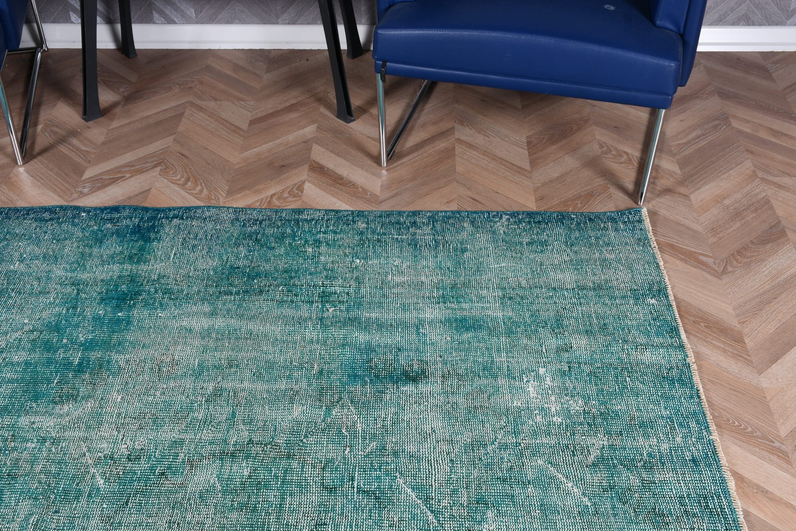 Vintage Turkish Area Rug 3,6×7,6 ft, Blue Green Moroccan Rug