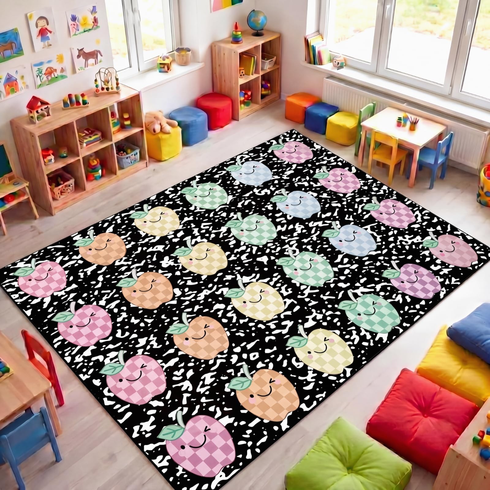6 x 9ft Circle Time Rug Classroom Rug Apple Spots Black Multicolor Educationa…