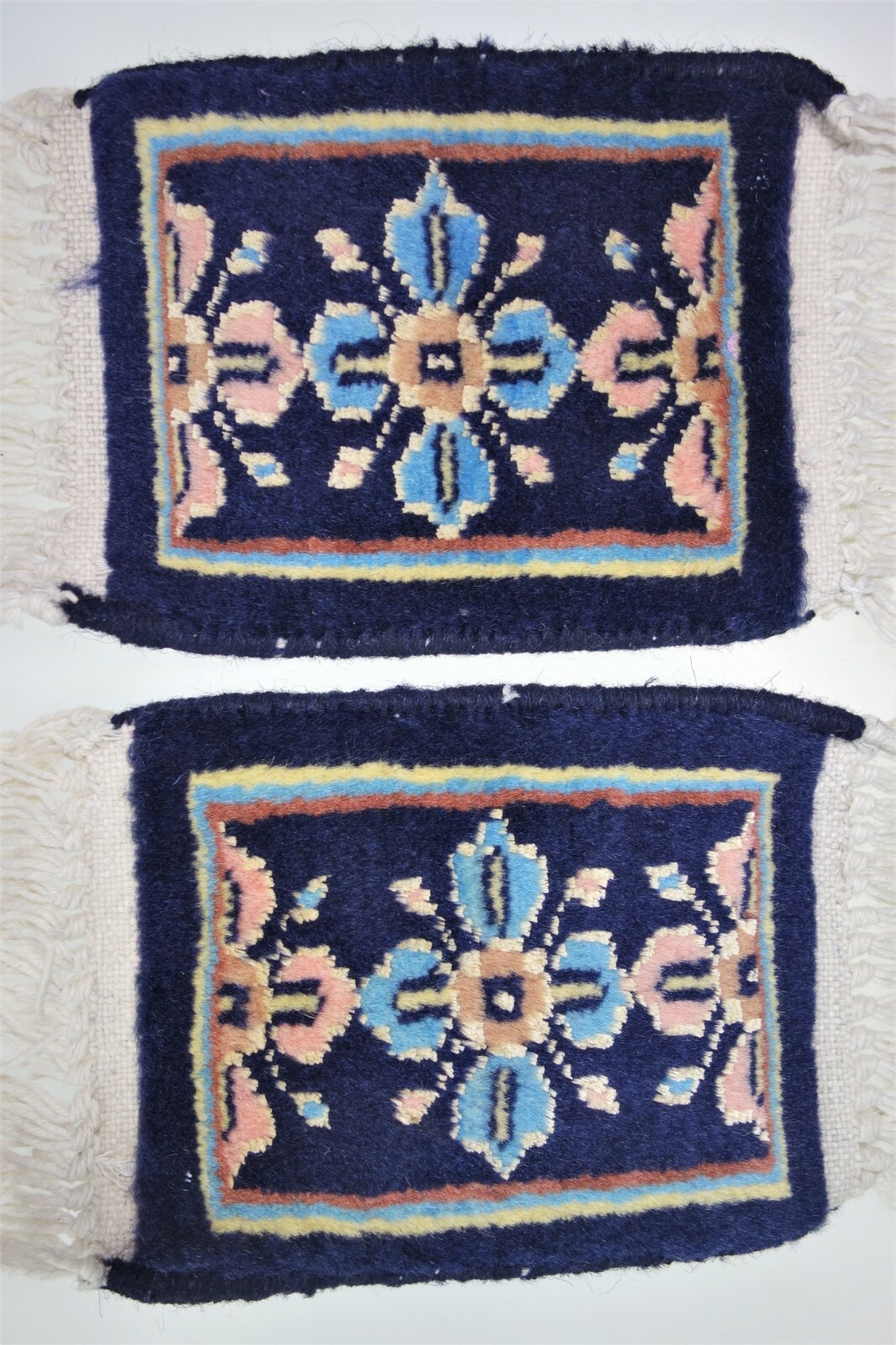 2 Small Mini Carpets 11”x6” Blue Wool Fringe DollHouse Coaster Rug Renaissance A