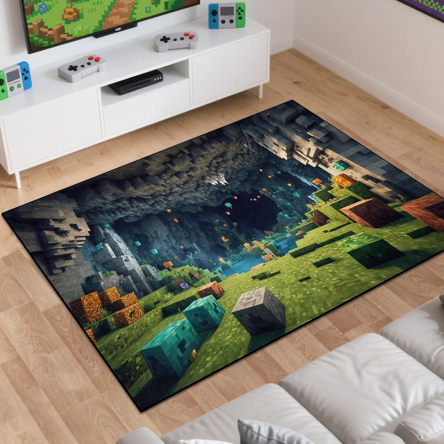Pixel Game Rug for Kids – Washable Non-Slip Carpet 60″ x 40″ Green Cave Design